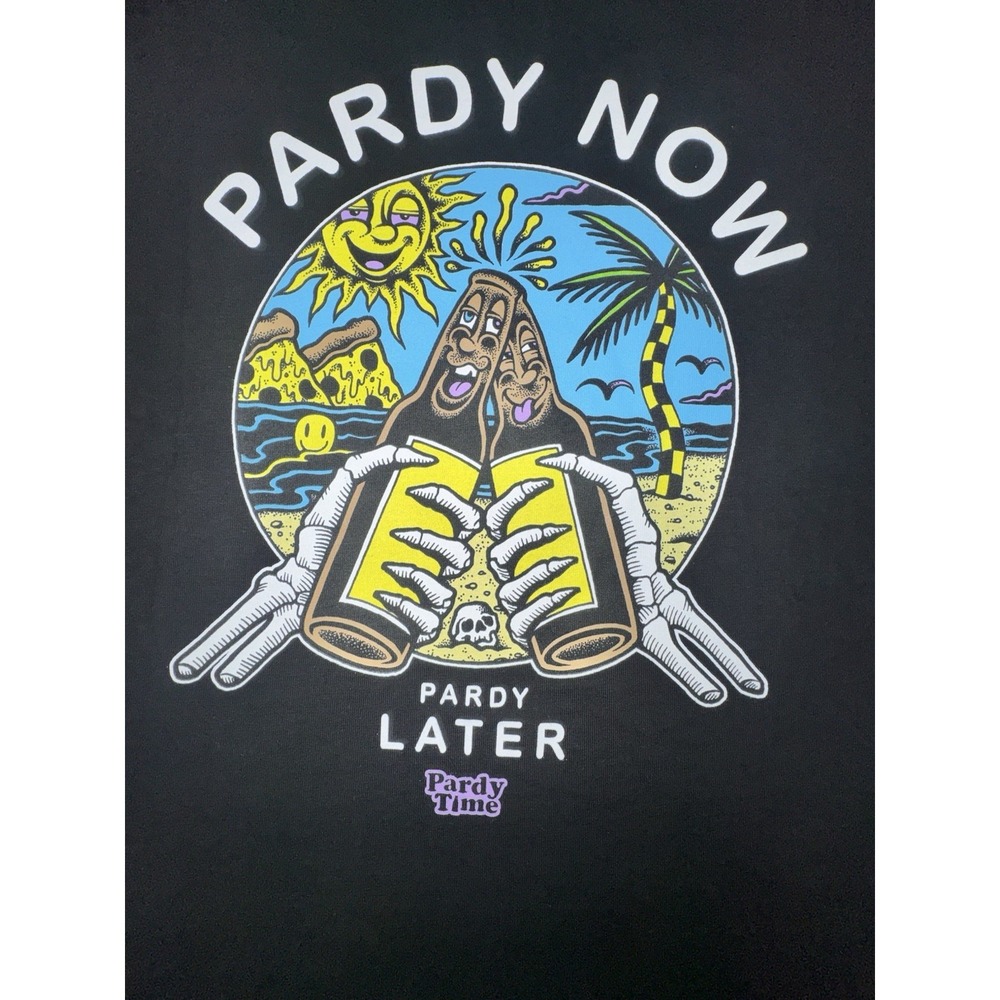 Pardy Time Medium Black Graphic T-Shirt Pardy Now Later Skull Beach Tee